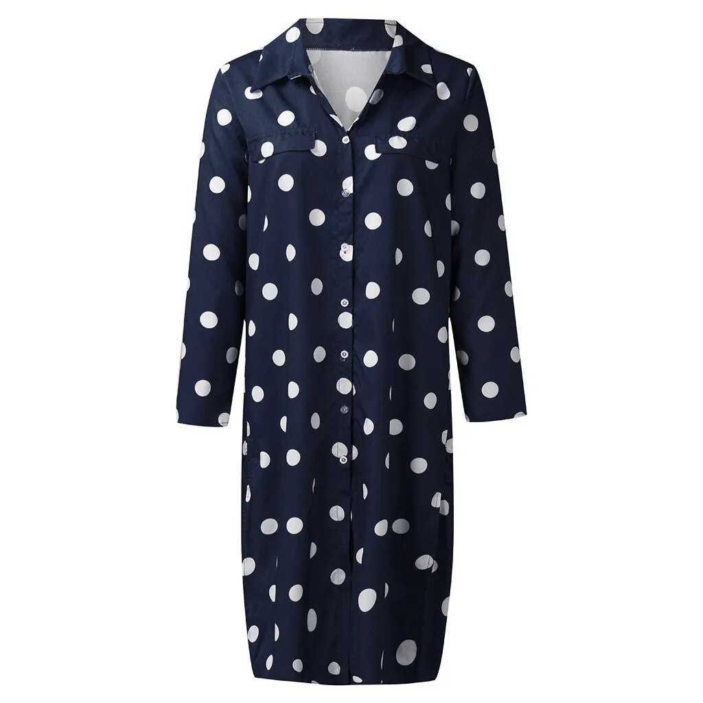 xakxx- Classic Polka Dot Dress Women Polo Neck Long Sleeve Buttons Dresses Office Lady Casual Dot H Feminino Vestidos Robes