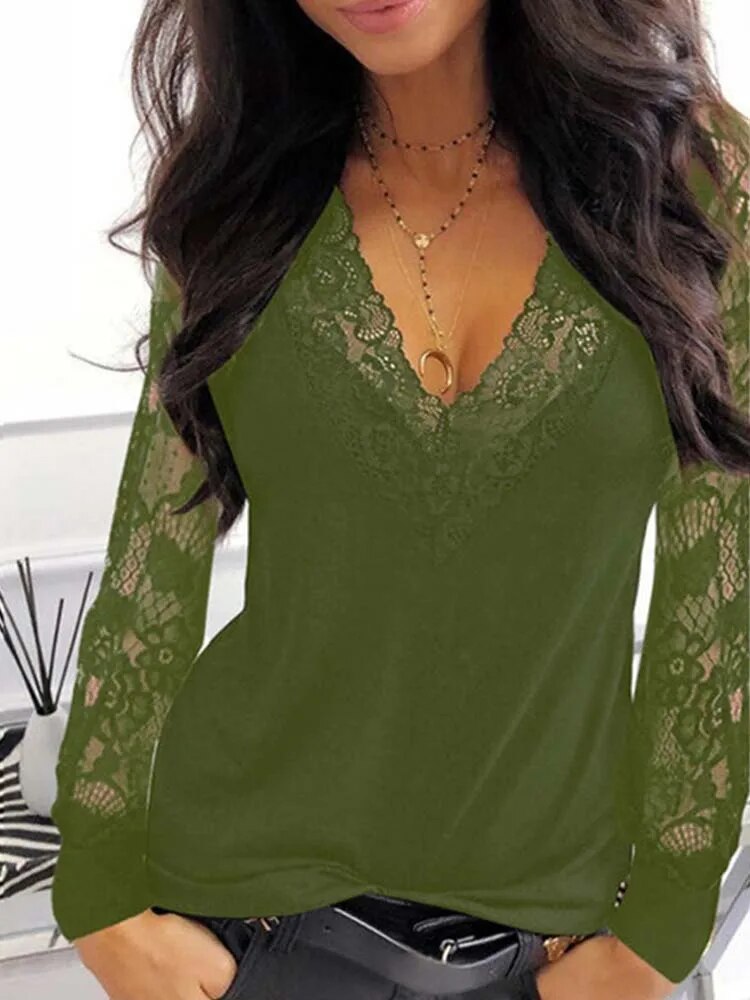 xakxx xakxx- Sexy Lace stitching V-neck perspective long sleeved Women Solid Color Casual style Lady Top T-shirt Spring Autumn Clothes