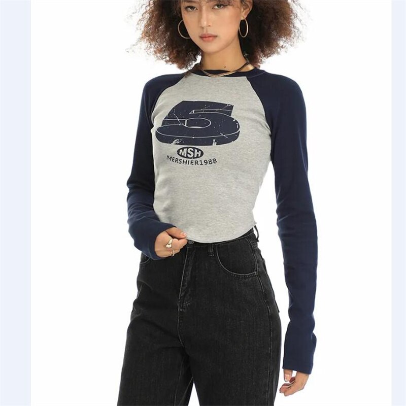 xakxx Women Retro T-Shirt Slim Crop Top Korean Fashion Print Grunge Pullovers Vintage Long Sleeve Tee pop Tops Grunge Tee blusas