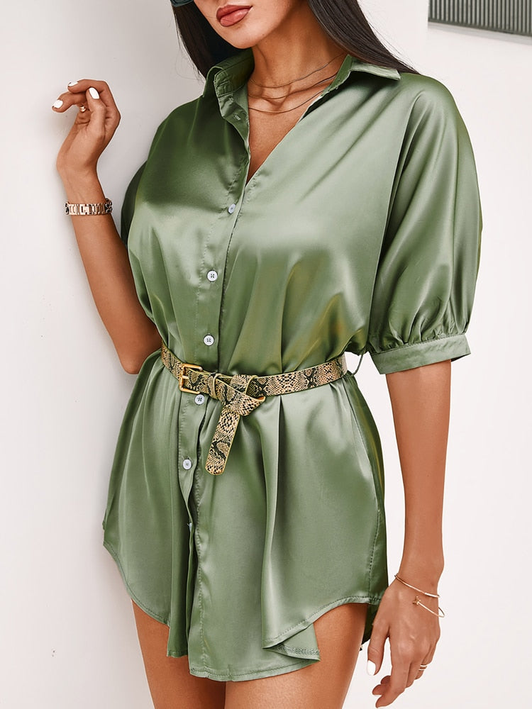 xakxx Women Autumn Fashion Long Sleeve Casual Short Dress Satin Ruched Shirt Dress Without Belt