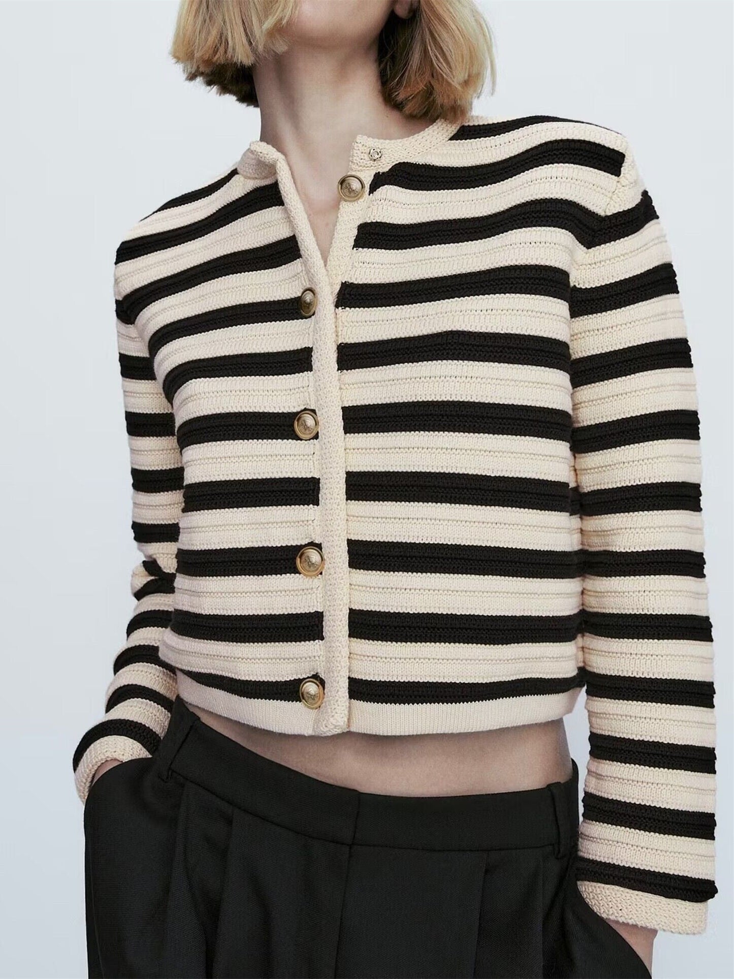 xakxx Women Single Breasted Striped Cardigan Jacket O-Neck Long Sleeve Casual Slim Short Knitted Coat for Ladies Spring