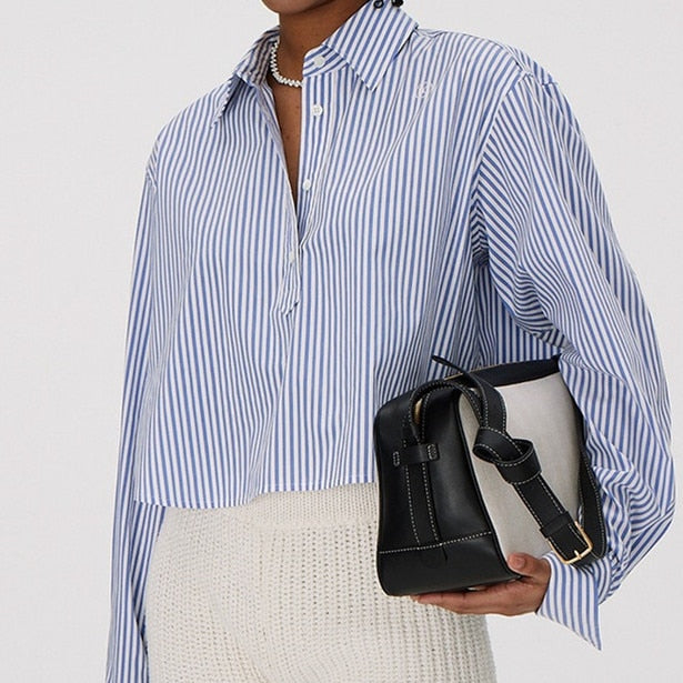 xakxx Women Casual Stripes Short Shirt Front Buttons Turn-Down Collar Embroidery Logo Ladies Long Sleeve Blouses
