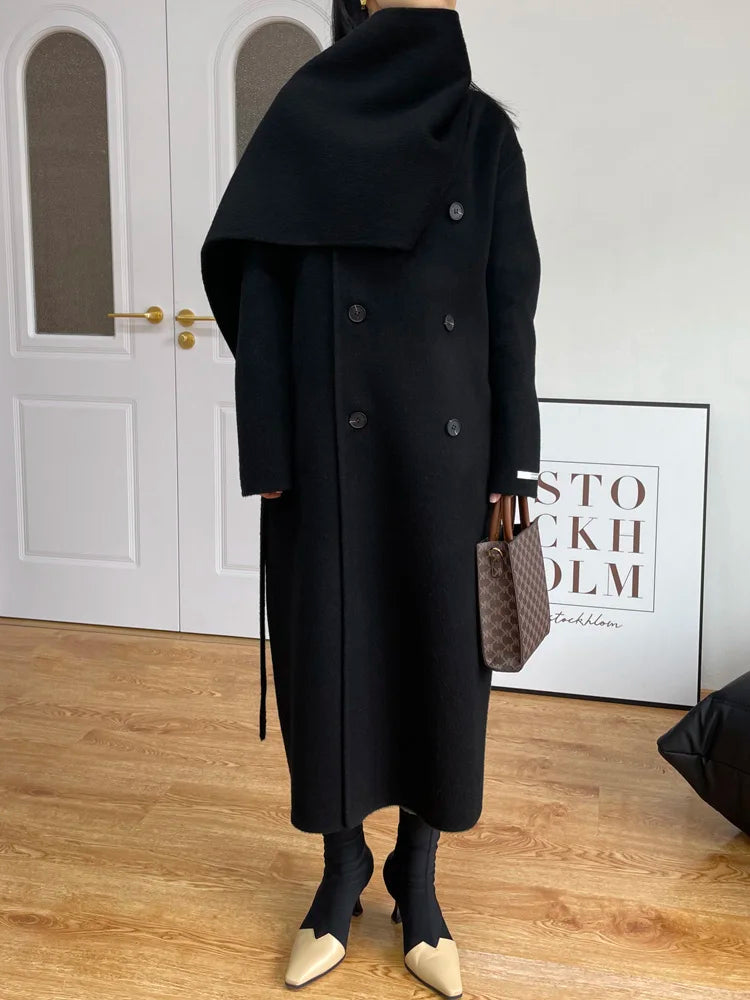 xakxx xakxx-New Fashion Scarf Collar Warm Double-sided Wool Coat Loose Women Fashion Double-breasted Long Woolen Coat Female Clothing Autumn