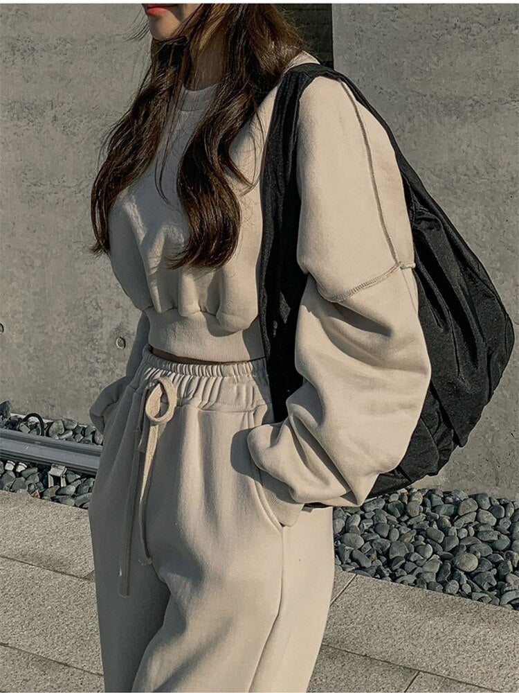 xakxx Women Pullover Hoodies Sweatshirts Suit Winter Spring Solid Casual Tracksuit Fleece 2 Pieces Set Sweatpants Quality Outfits
