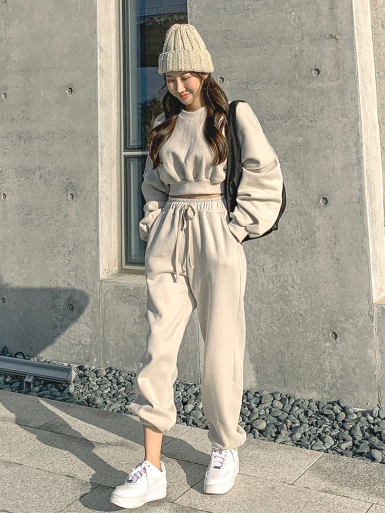 xakxx Women Pullover Hoodies Sweatshirts Suit Winter Spring Solid Casual Tracksuit Fleece 2 Pieces Set Sweatpants Quality Outfits