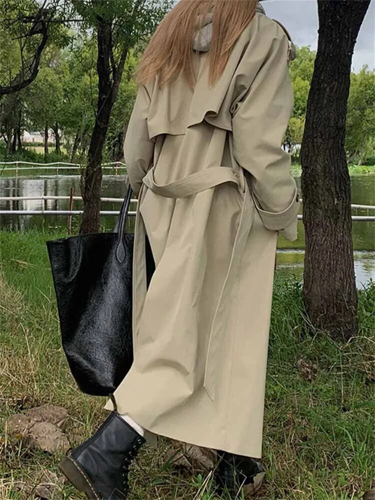 xakxx xakxx-Khaki Long Windbreaker Trench Coat Women Autumn Fashion Chic British Style Double Breasted Trench Coat For Women Plus Size