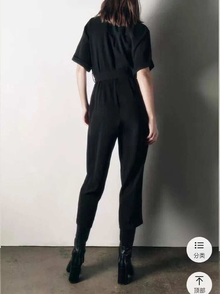 xakxx xakxx - Spring New Women's Front Pocket Stitch Hidden Zipper Closure Black Belt Zipper Polo Short Sleeve Bodysuit