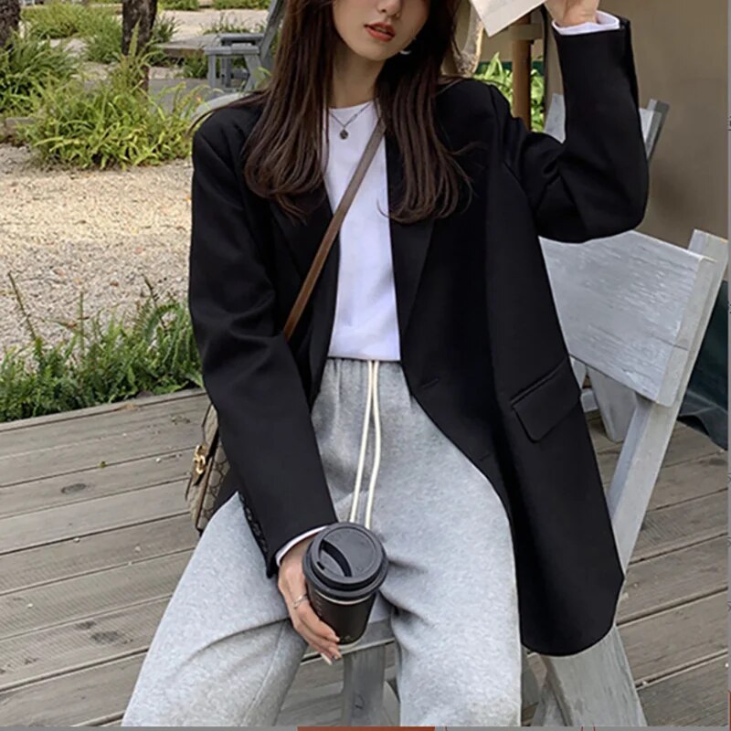 xakxx xakxx-Black Blazer Coat Women Autumn New Fashion Loose Causal Khaki Blazer Coat For Women Plus Size XL