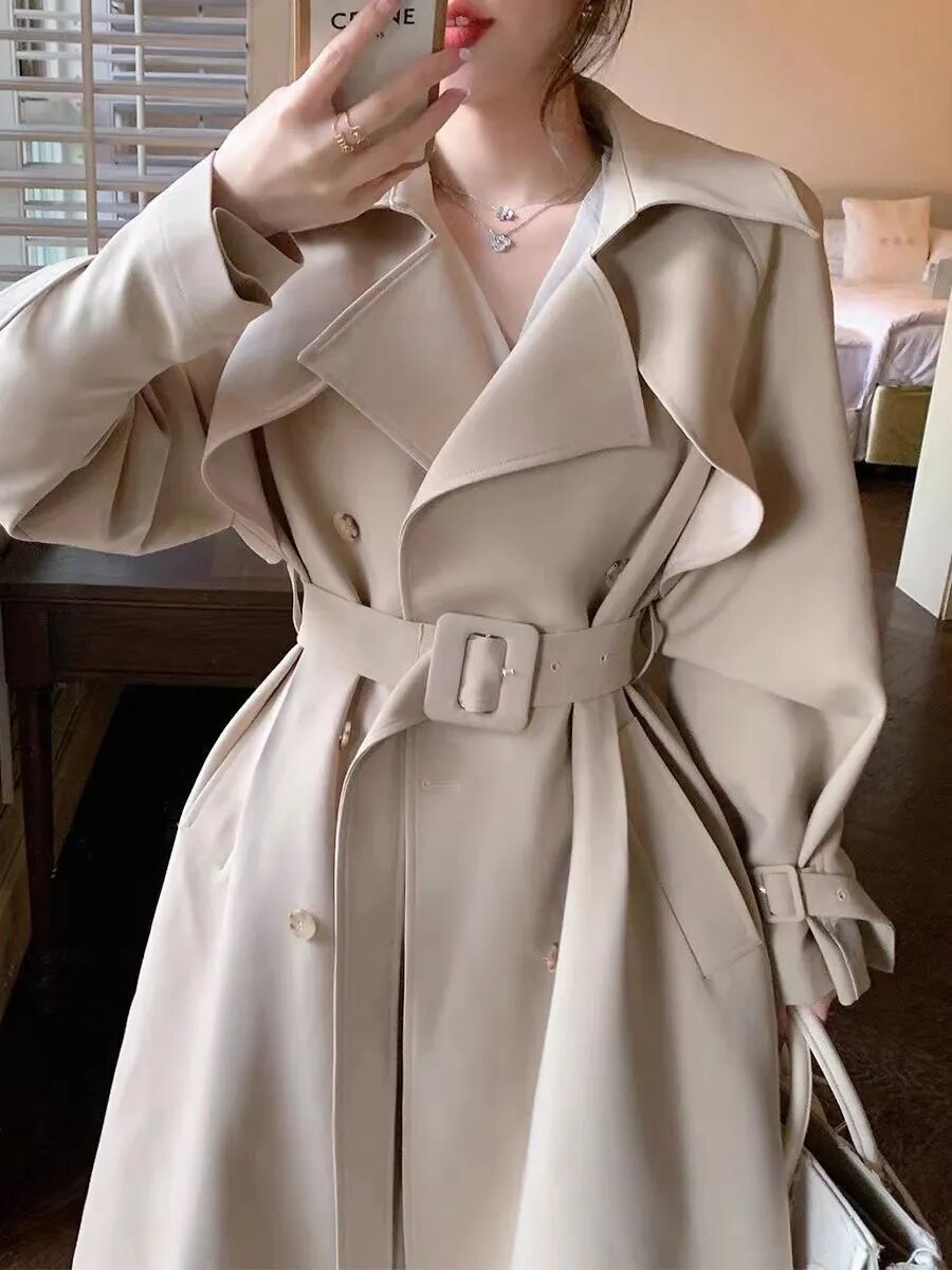 xakxx xakxx-Beige Trench Coat Women Long Windbreaker Autumn Fashion Chic British Style Double Breasted Overcoat Trench Coat For Women