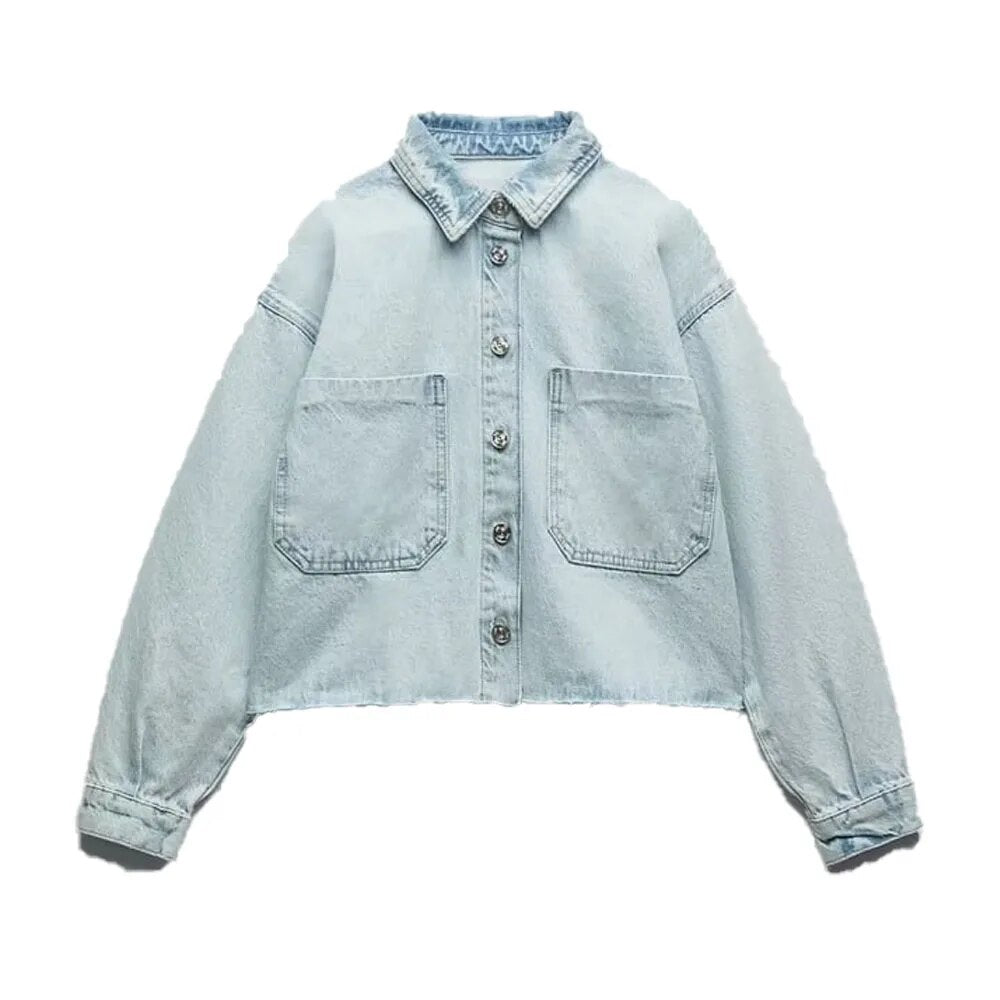 xakxx- New Women's Clothes Temperament Fashionable Casual Front Metal Button Closure Cropped Denim Jacket Outerwear