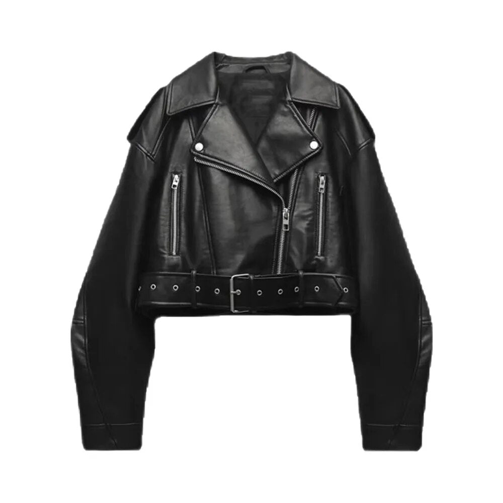 xakxx- Spring new women's front pocket with straps on shoulder lapel long-sleeved imitation leather jacket