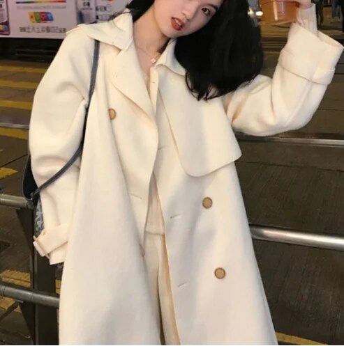 xakxx xakxx-Double-sided Tweed Coat Women Autumn Winter Fashion Loose Long Warm Black Beige Khaki Tweed Trench Coat For Women