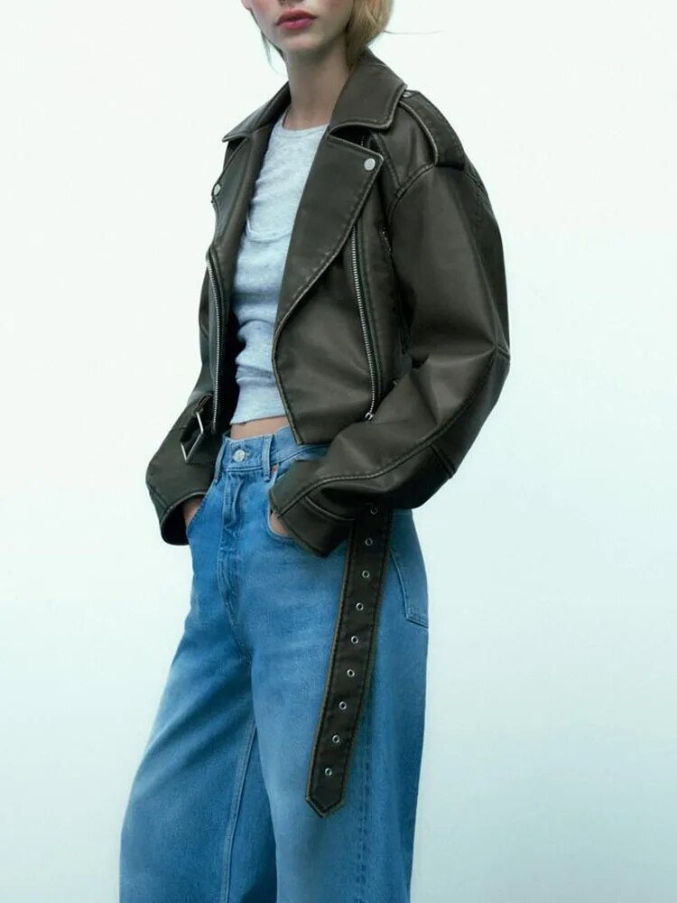 xakxx- Spring new women's front pocket with straps on shoulder lapel long-sleeved imitation leather jacket