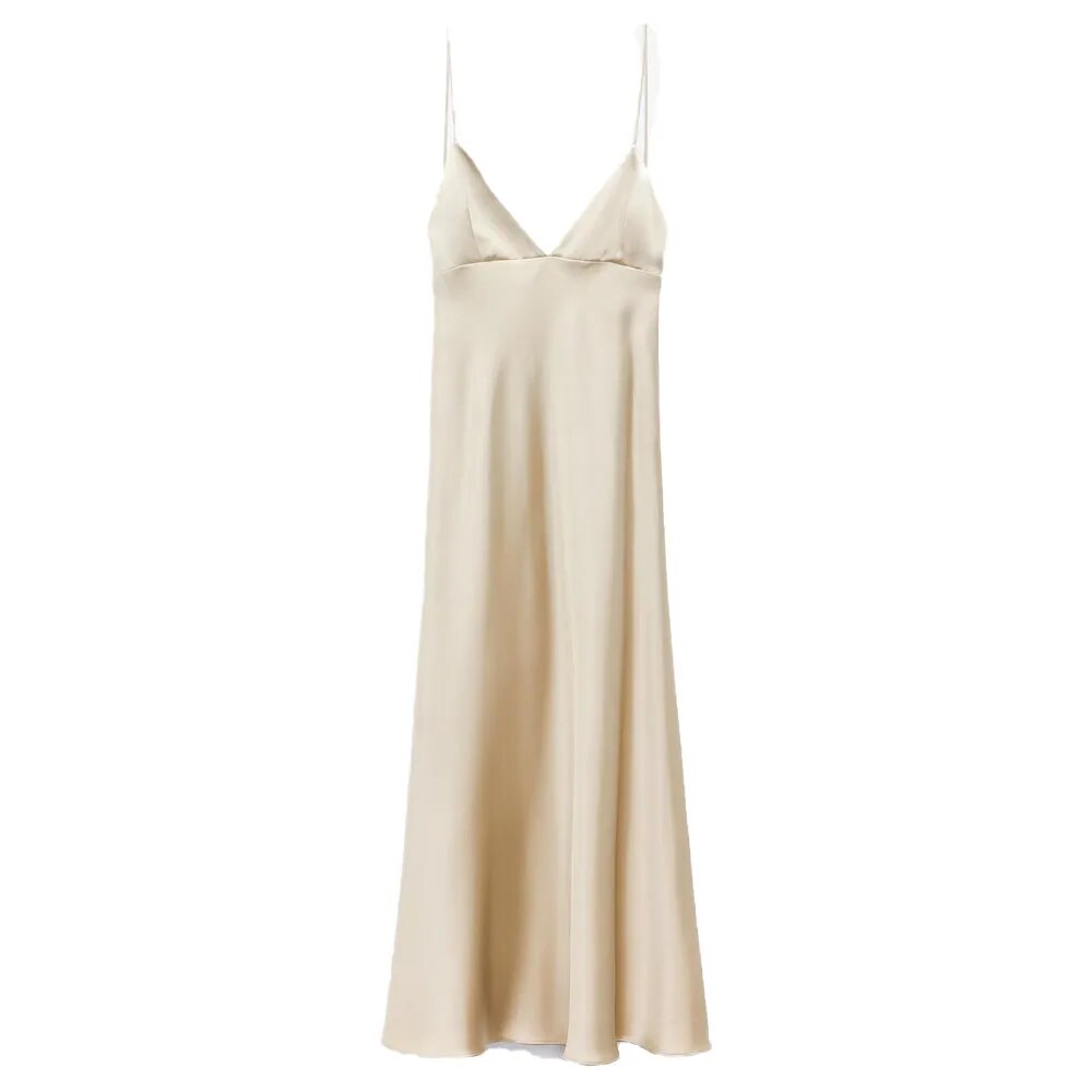 xakxx- New Women's Silk Satin Texture Underwear V Neck Adjustable Spaghetti Straps Open Back Side Seam Concealed Zipper Closure Dress