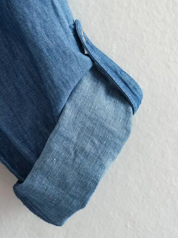 xakxx- New Women's Casual Chic Front Patch Pockets Front Button Closure Contrasting Belt Linen Blend Shirt Dress