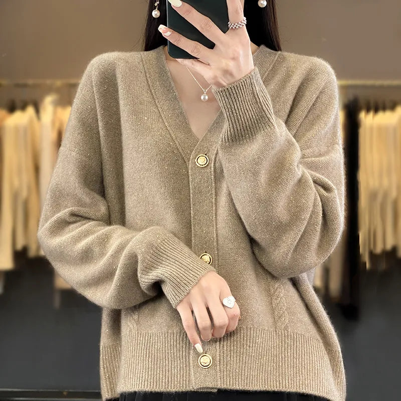 xakxx-New women's 100% pure cashmere grain with thick wool cardigan with golden bean yarn New Year's dress