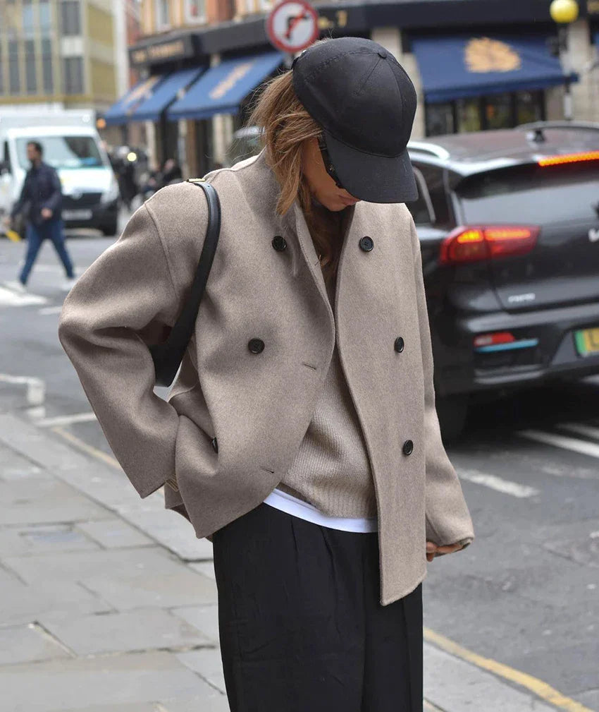 xakxx-Street Drop Shoulder Woolen Coats Stand Collar Oversize Vintage Outerwear Office Lady Brown Casual Jackets Warm