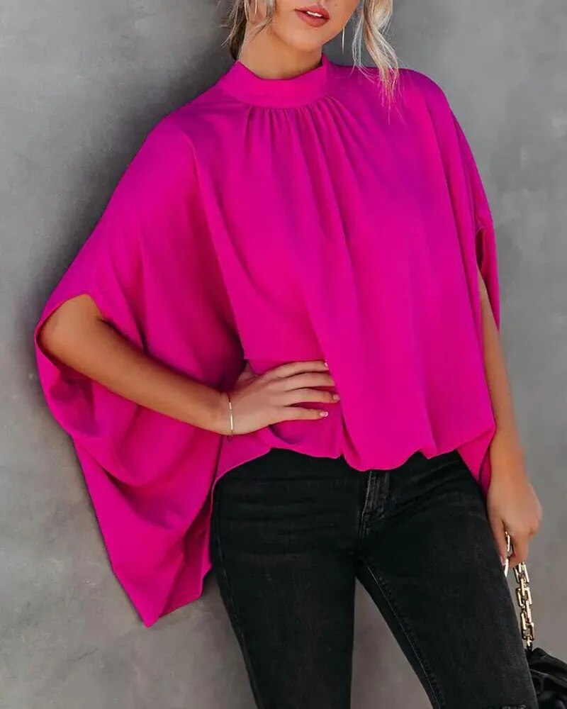 xakxx- Elegant Bat Sleeve Blouse Lady Large Size High Collar Half Sleeve t Shirt Female Autumn Party Evening Clothing