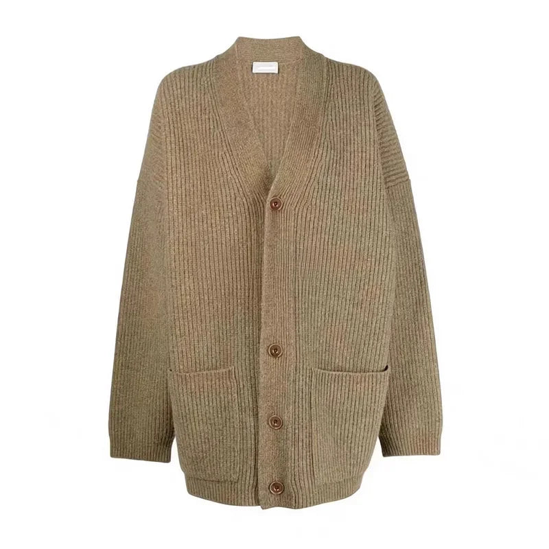 xakxx xakxx Woman Cardigan Winter Female Clothing V-neck Loose Straight Knit Wool Blend Thickened Sweater Top
