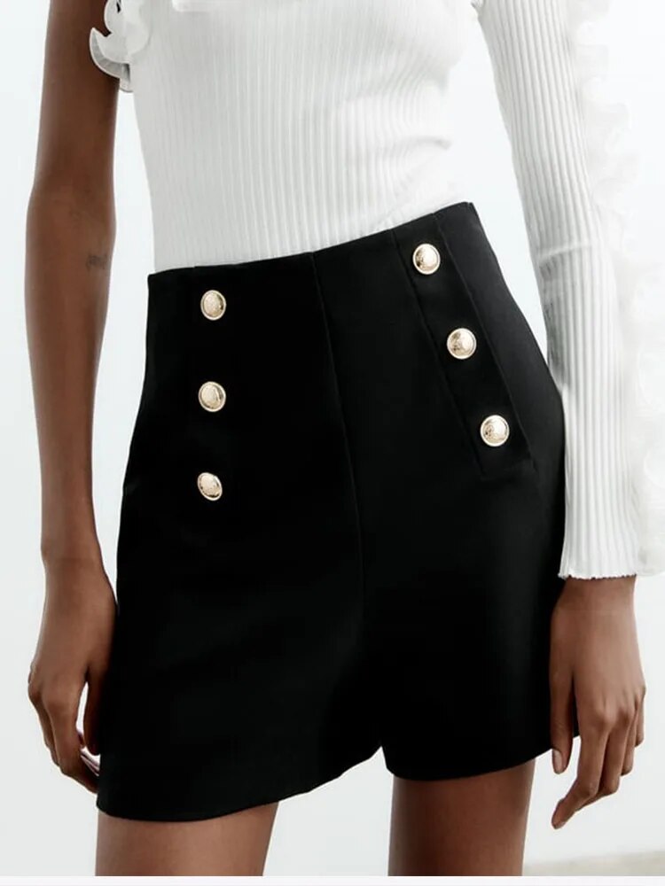 xakxx xakxx - Summer New Fashion Commuting Leisure Temperament Versatile Sweet Pants Gold breasted Casual High Waist A-line Wide Leg Shor