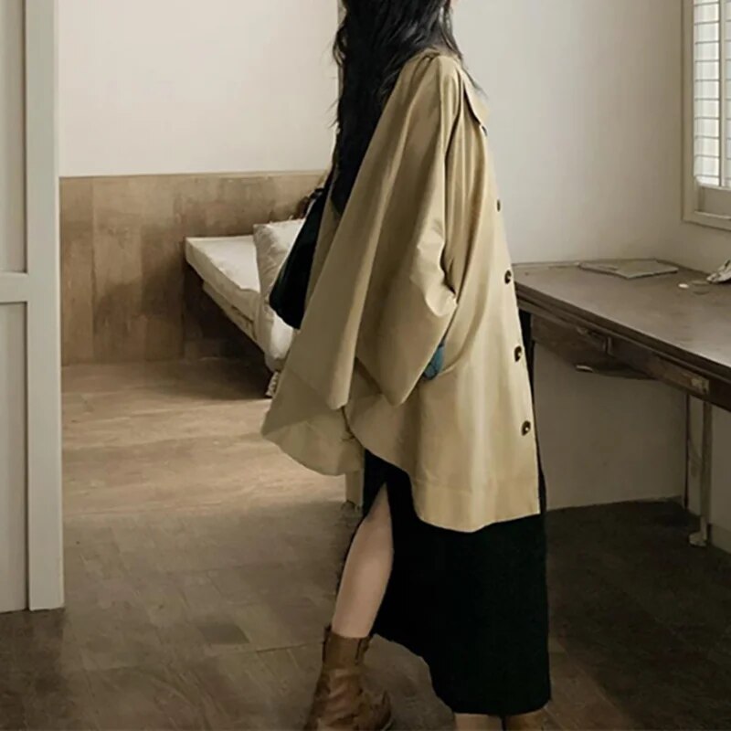 xakxx xakxx-Khaki Short Windbreaker Trench Coat Women Autumn Fashion Causal Loose Double Breasted Trench Coat For Women Plus Size