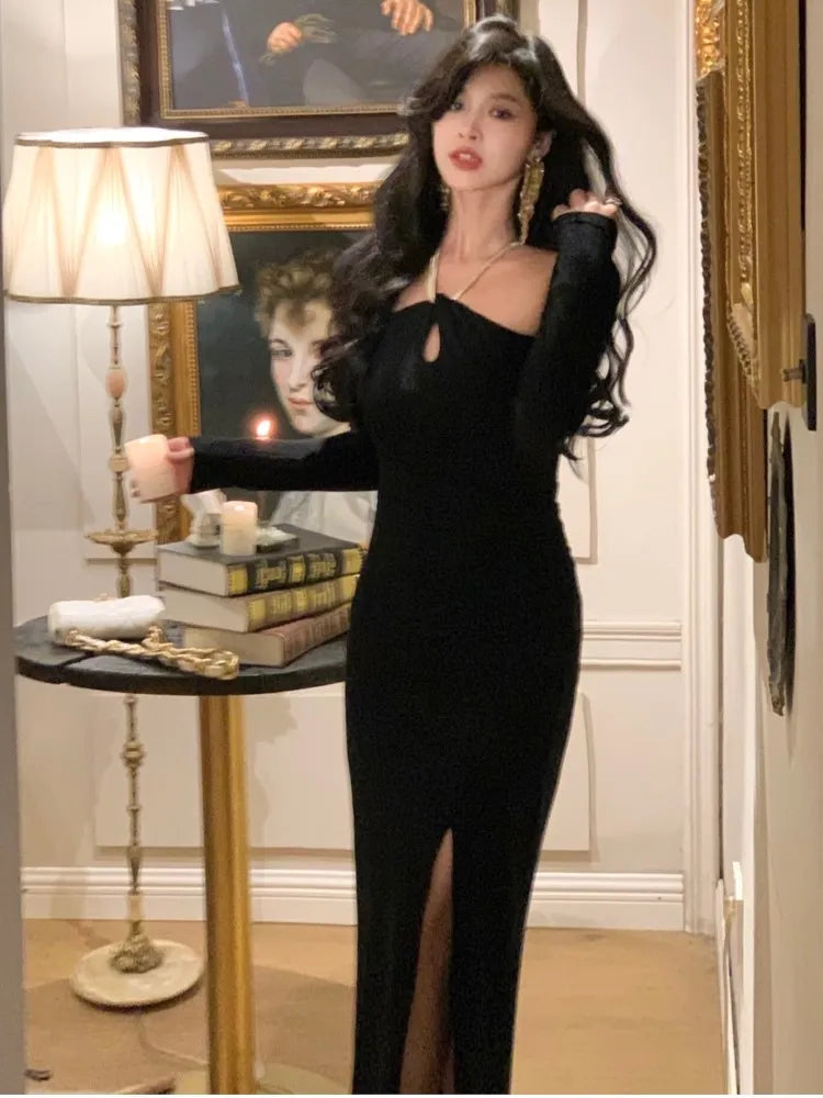 xakxx Women Sexy Bodycon Evening Party Dress French Elegant Halter Slim Knitted Robe Korean Autumn Fashion One Pieces Vestidos