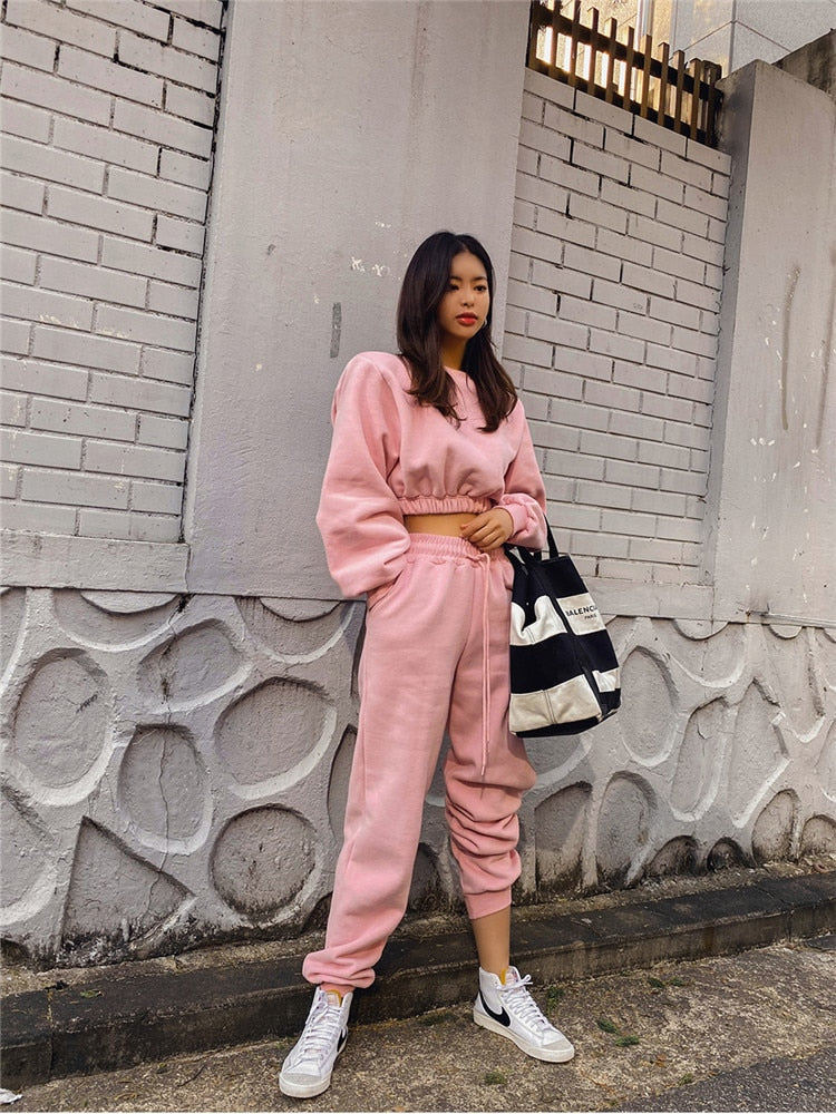 xakxx Women Pullover Hoodies Sweatshirts Suit Winter Spring Solid Casual Tracksuit Fleece 2 Pieces Set Sweatpants Quality Outfits