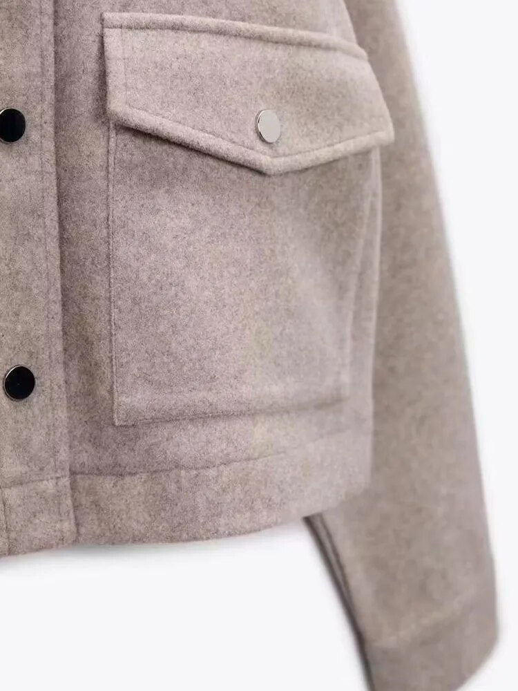 xakxx- Spring new women's front metal snap closure with patch pocket lapel long-sleeve soft jacket jacket
