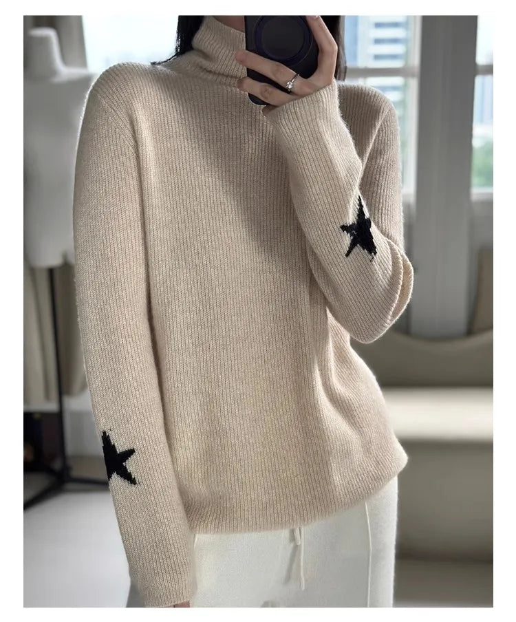 xakxx xakxx-Pure cashmere thick high-necked bottoming shirt female gold ingot needle pile collar knitted cuff star sweater