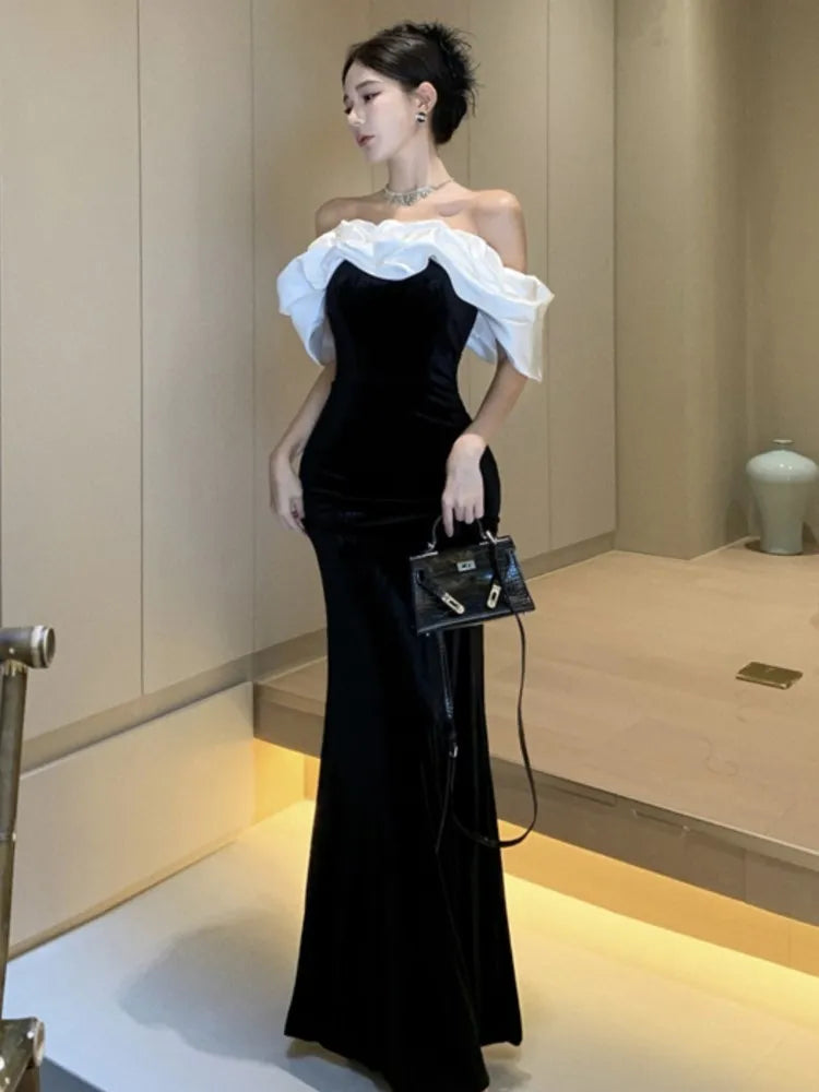 xakxx Women Sexy Off Shoulder Party Dress New Slim Waist French Patchwork Elegant Lady Maxi Fashion Solid A-line Vestidos Mujers