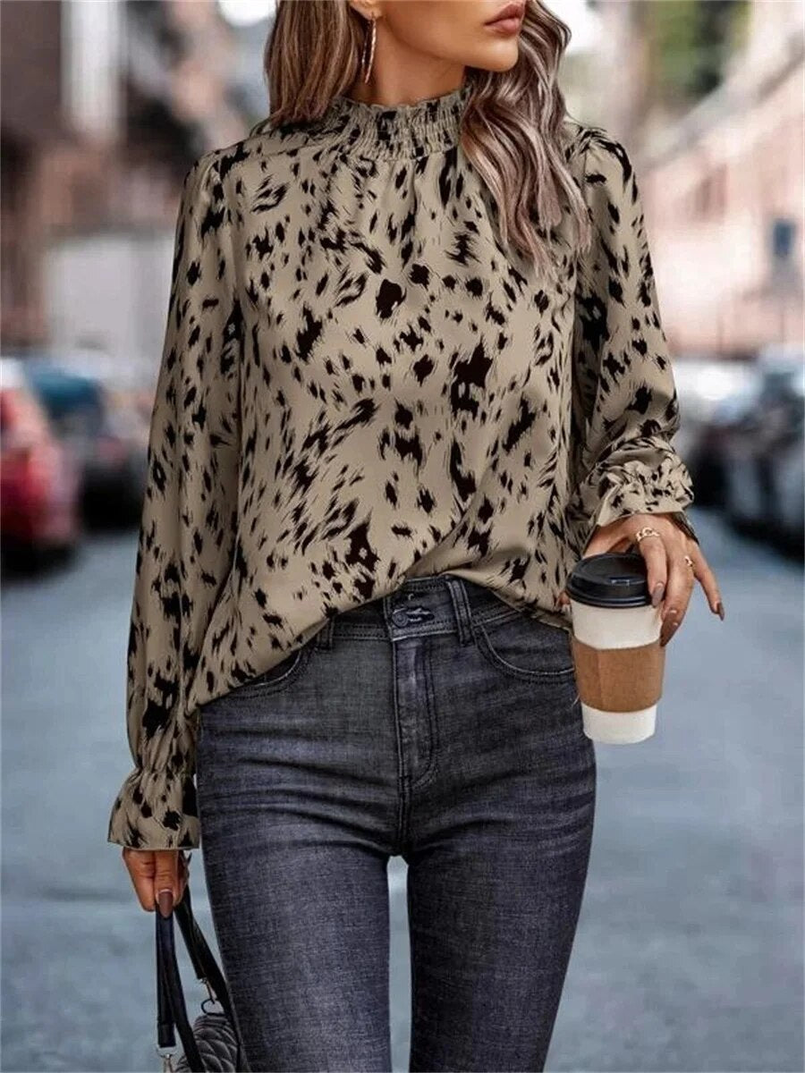xakxx- 6 Color Polka Dot Printed Tops Ladies High Neck Long Sleeve T Shirt Office Lady Spring Autumn Fashion Blouses