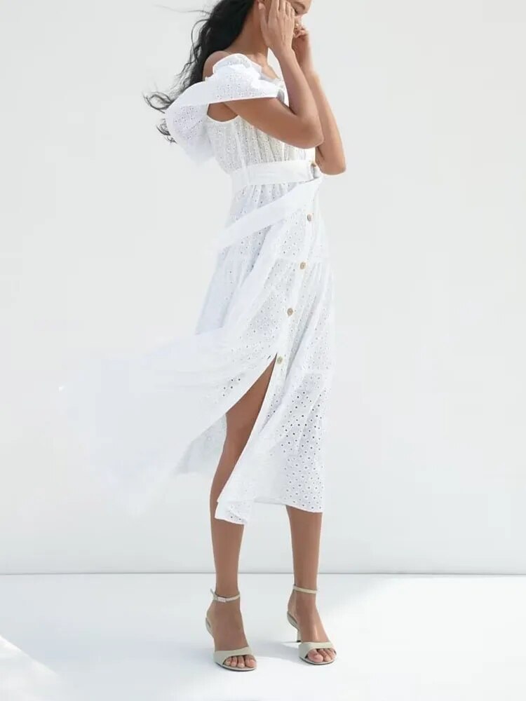 xakxx- New women's fashion casual vitality elegant same fabric belt white temperament hollow embroidery midi dress