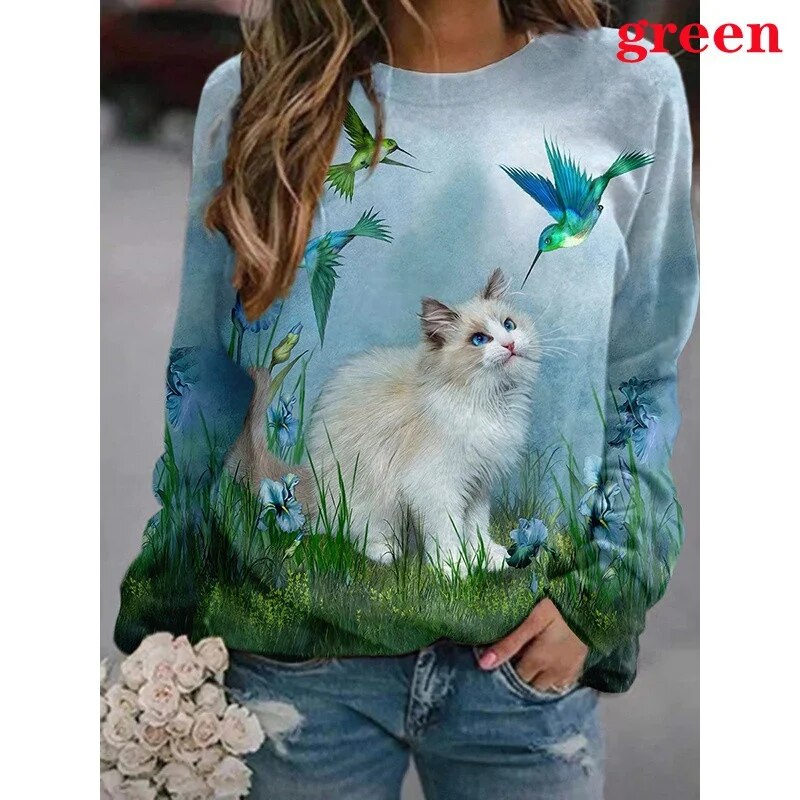 xakxx- Cartoon Cat T-Shirt Women Long Sleeve Round Neck Top Y2K Clothing Spring Autumn Casual Graphics Large Size Tee