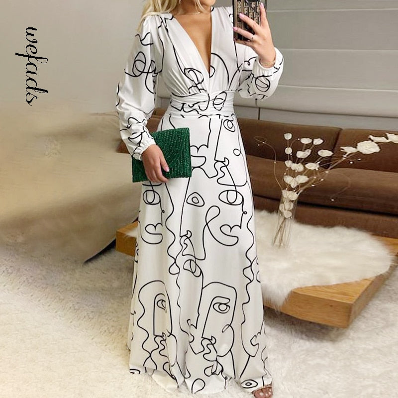 xakxx Women Maxi Dress Face Face Abstract Line Print Long Sleeve V Neck Elegant Casual Style Long Skirt