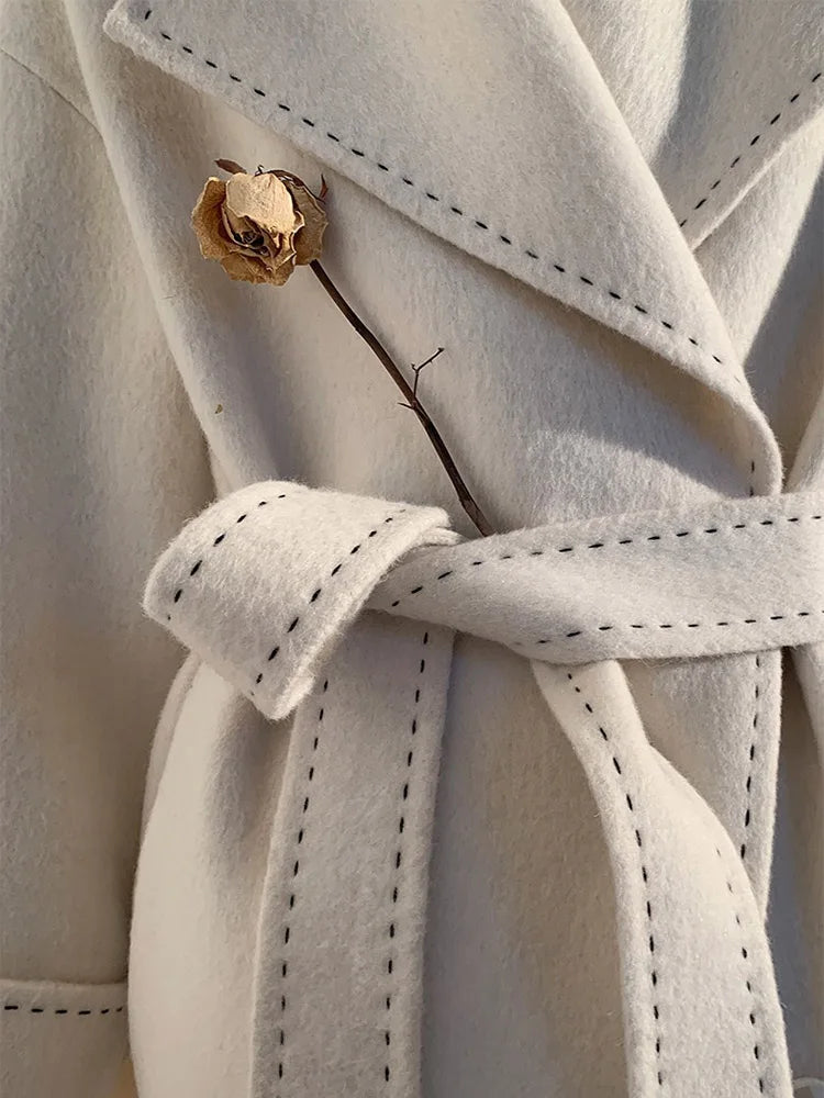 xakxx-New Women Simple Arch Needle Doulbe-sided Wool Coat Loose Long Lapel Lace-up Fashion Woolen Jacket Warm Outerwear Autumn Winter