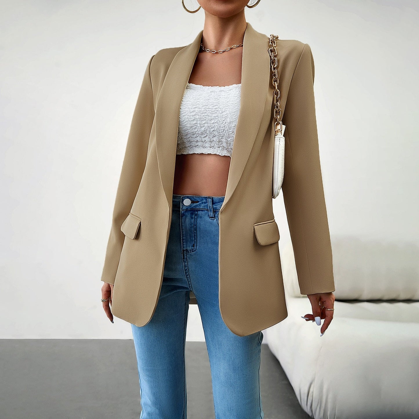 xakxx Women's Tops Coat Temperament Commuter Blazer Regular Sleeve Blazer Collar Solid Color Thin Blazer Jacket Women Clothing
