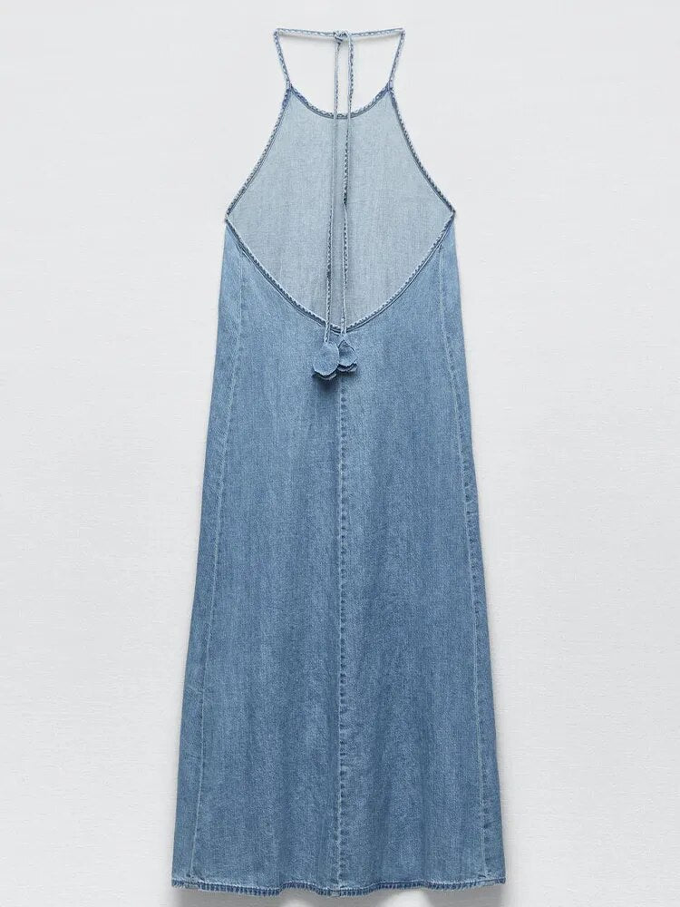 xakxx- New Women's Temperament Fashionable Casual Round Neck Adjustable Ribbon Neck End Same Fabric Floral Denim Midi Dress