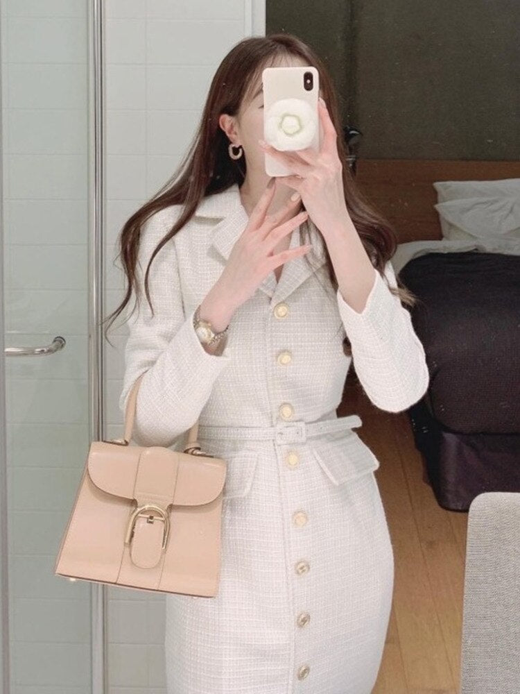 xakxx Women Beautiful Women Clothes Lace-up Waist Office Lady Ladies Tweed Dress Spring Sweet Notched Collar Slim Dresses