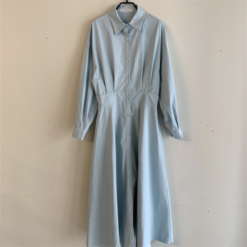 xakxx Spring Elegant Office Lady Vintage Office Puff Sleeve Shirt Dress Women Casual Single-Breasted A-Line Dresses