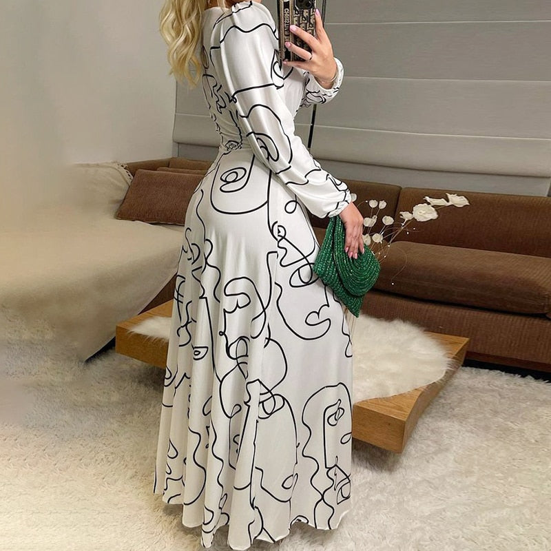 xakxx Women Maxi Dress Face Face Abstract Line Print Long Sleeve V Neck Elegant Casual Style Long Skirt