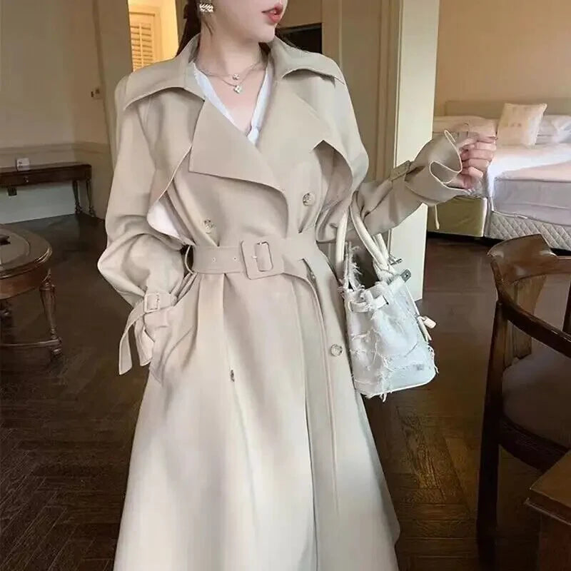 xakxx xakxx-Beige Trench Coat Women Long Windbreaker Autumn Fashion Chic British Style Double Breasted Overcoat Trench Coat For Women