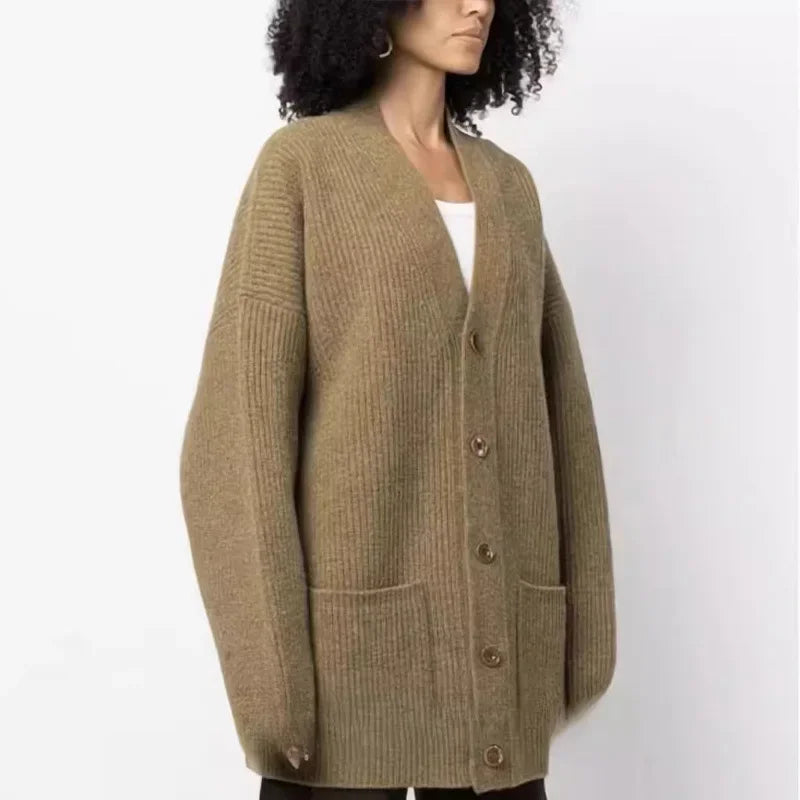 xakxx xakxx Woman Cardigan Winter Female Clothing V-neck Loose Straight Knit Wool Blend Thickened Sweater Top
