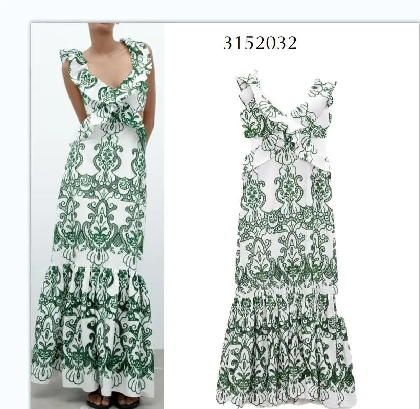 xakxx- New women's casual sexy V-neck halter tie green embroidery sleeveless layered dress 3152032