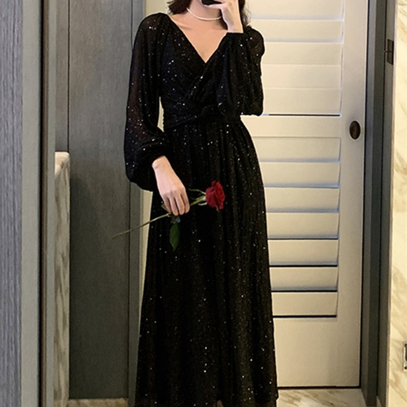 xakxx Women Spring Women Maxi Robe Elegant Ladies Long Lantern Sleeve Fashion Vestdios Female Party High Waist Dress