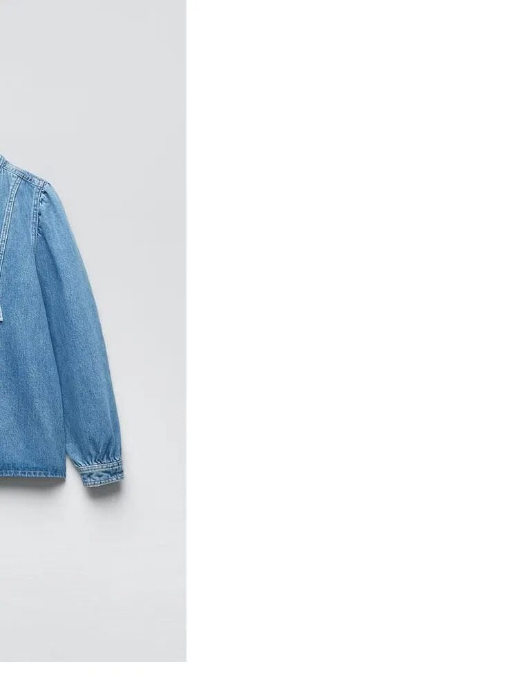 xakxx xakxx- New women's wear long-sleeved commuter pullover, temperament, versatility, women's bow decoration, denim shirt
