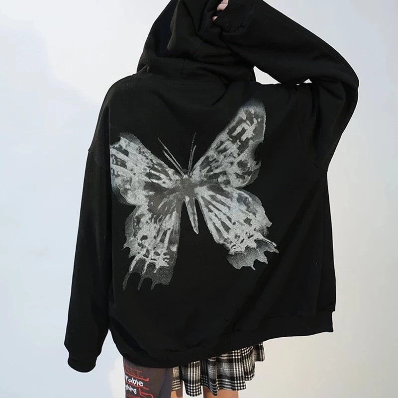 xakxx Hip Hop Oversize Women Hoodies Autumn Streetwear Butterfly Print Black Sweatshirt Harajuku Zip Up Goth Punk Female Jacket Hoodie