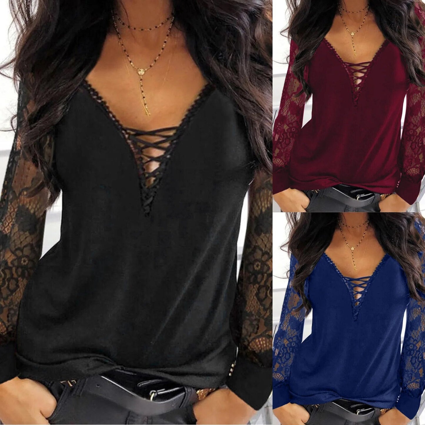 xakxx- Black Lace Perspective Long Sleeve Blouse Female Sexy Deep V Neck Tops women Spring Autumn Pullover T Shirt Clothes