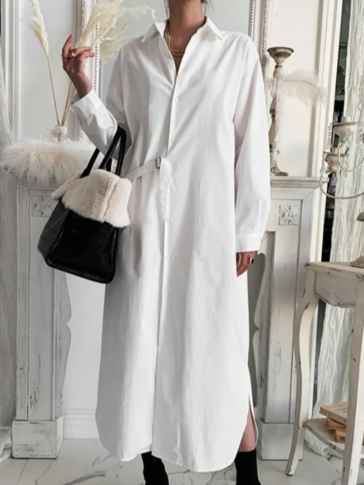 xakxx Spring Women Casual Sashes Shirt Dress Vintage A-Line Office Lady Elegant Dresses Female Midi Dress