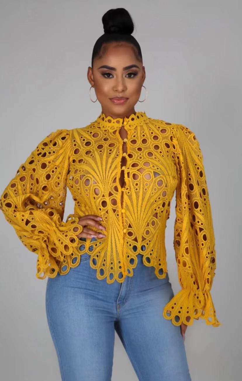 xakxx Women White Lace V Neck Hollow Out T-Shirts Long Sleeve Blouse Eyelet Embroidery Button Front Bell Sleeve Tops