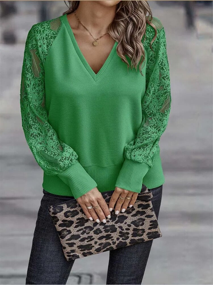 xakxx xakxx- Women Solid Lace Patchwork Tops V-Neck Long Sleeve See-Through T-Shirt Spring Autumn Female Casual Pullover